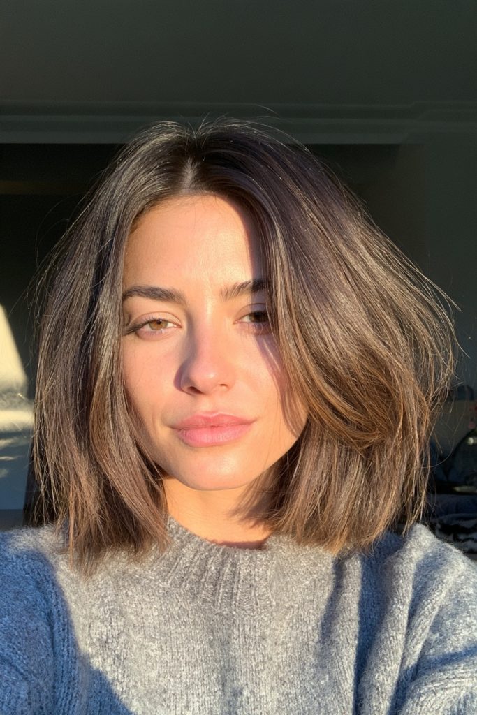 Woman with a soft layered brown bob with caramel highlights in a grey sweater in warm sunlight
