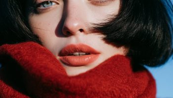 winter bob haircut black french bob red scarf