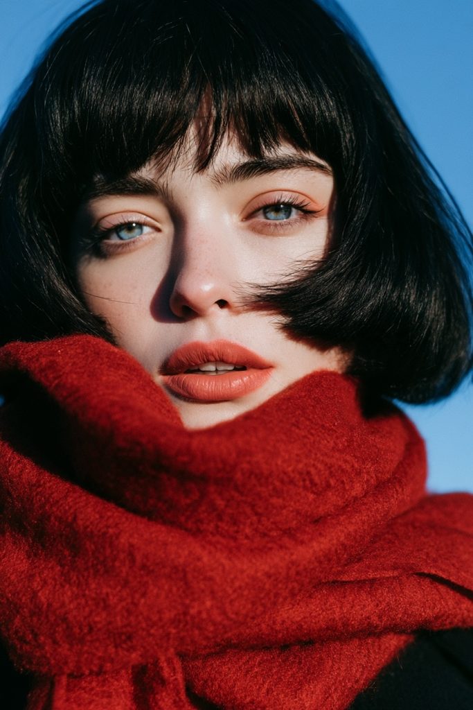 Woman with a glossy black bob and blunt bangs wearing a bold red scarf wrapped around her chin and red lipstick