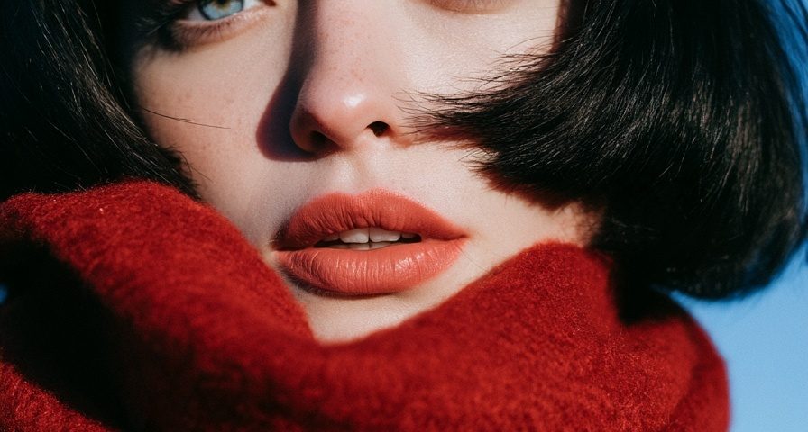 winter bob haircut black french bob red scarf