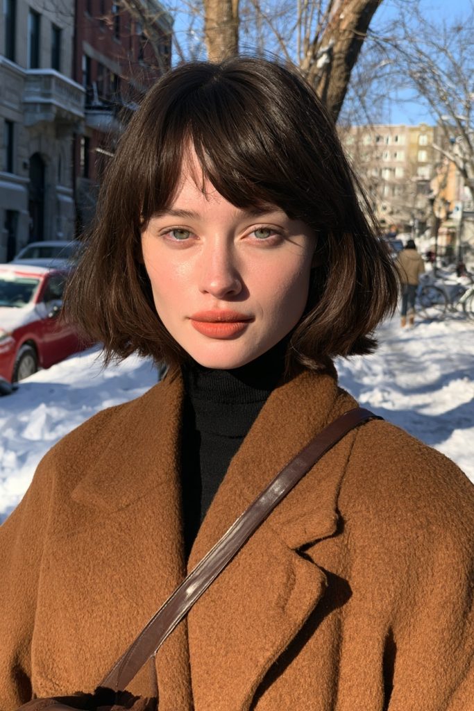 Woman with a dark brown chin-length bob and soft wispy bangs wearing a camel coat over a black turtleneck outside in winter light