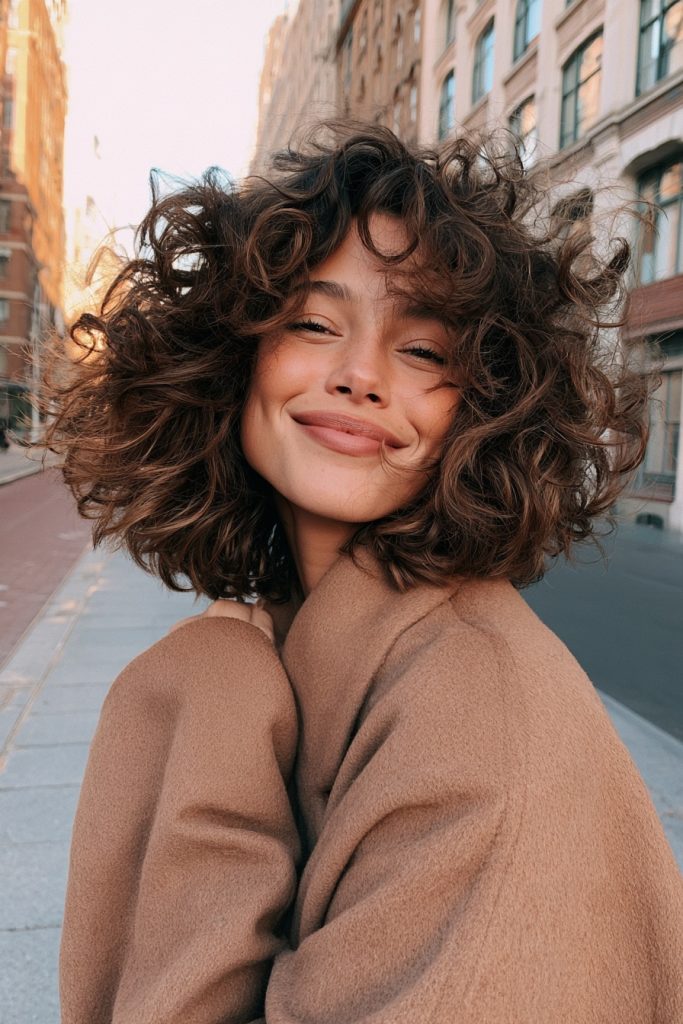 Woman with a bouncy curly bob with bronze highlights smiling in a camel coat on a city street