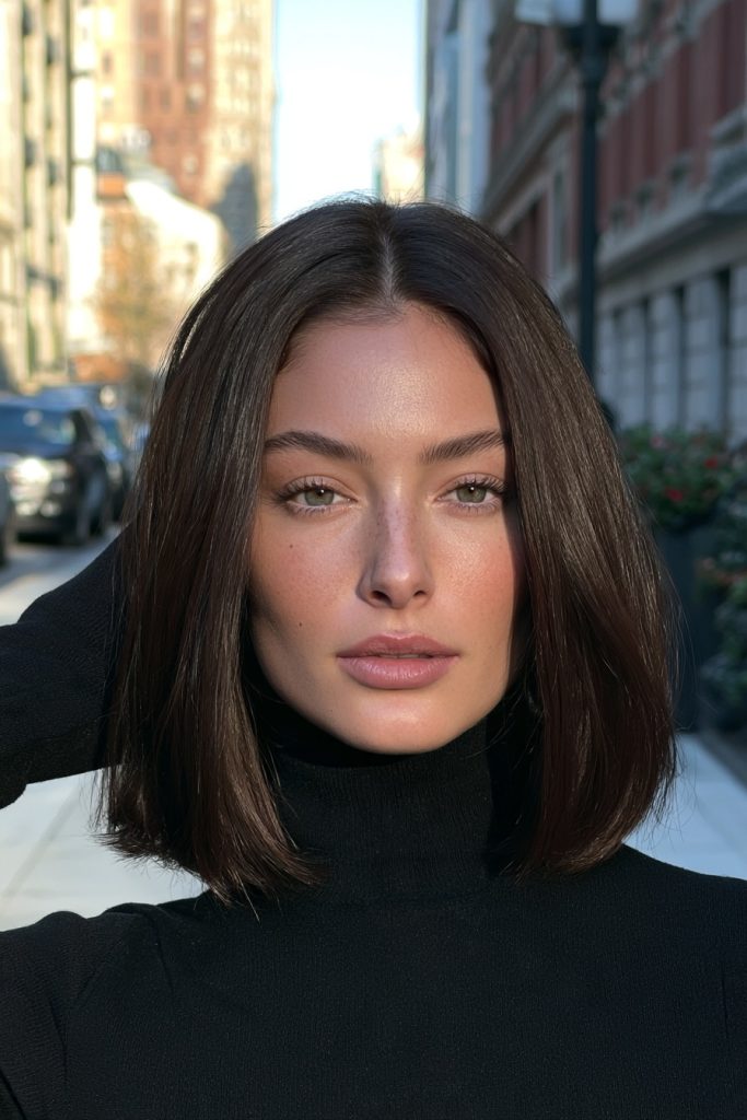 Woman with a sleek glossy dark brown bob with a center part wearing a black turtleneck