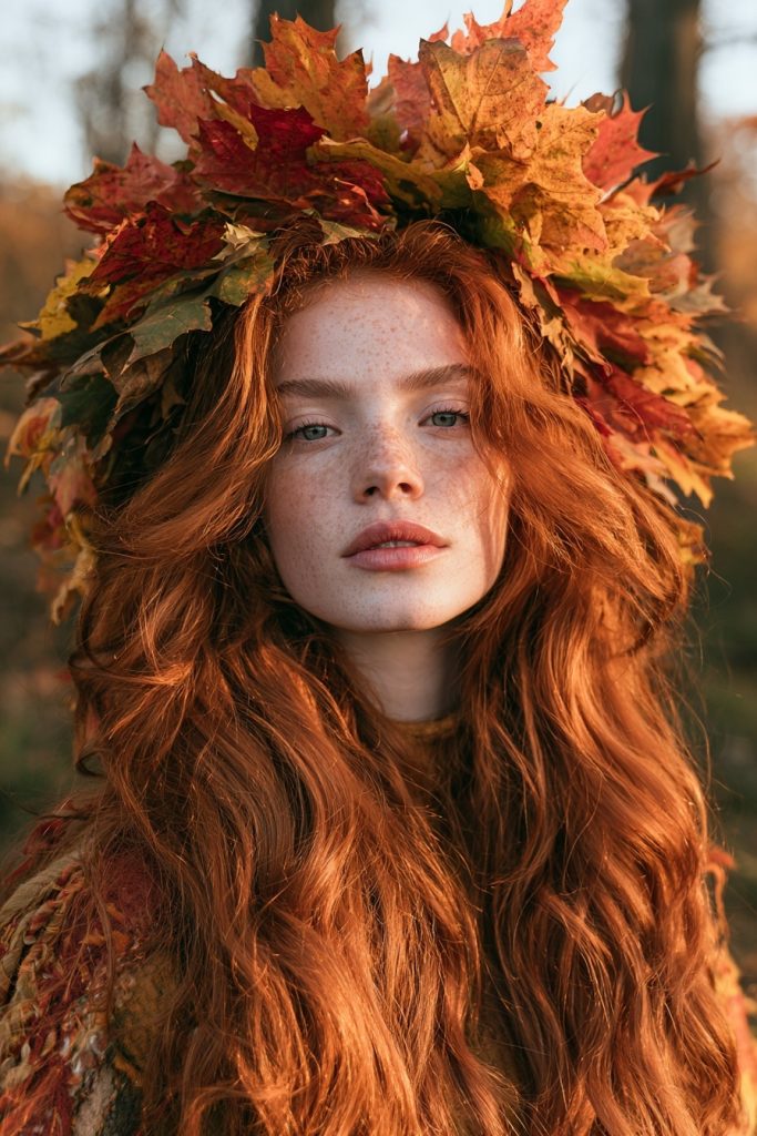 Woman with long copper waves wearing a crown of autumn leaves