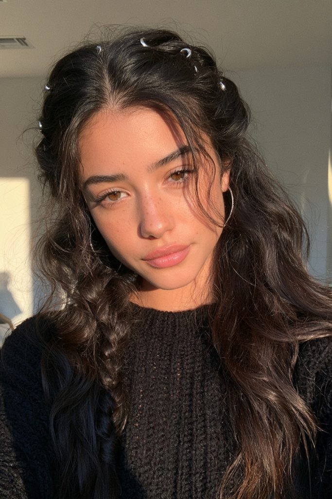 Woman with a half-up braid and small gold moon clips in her hair