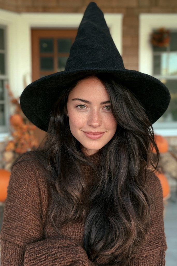 Woman with long loose waves wearing a black pointed witch hat