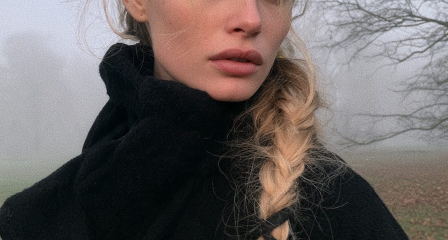 Woman with a long side braid threaded with black ribbon and small silver charms wearing a black coat in a misty park