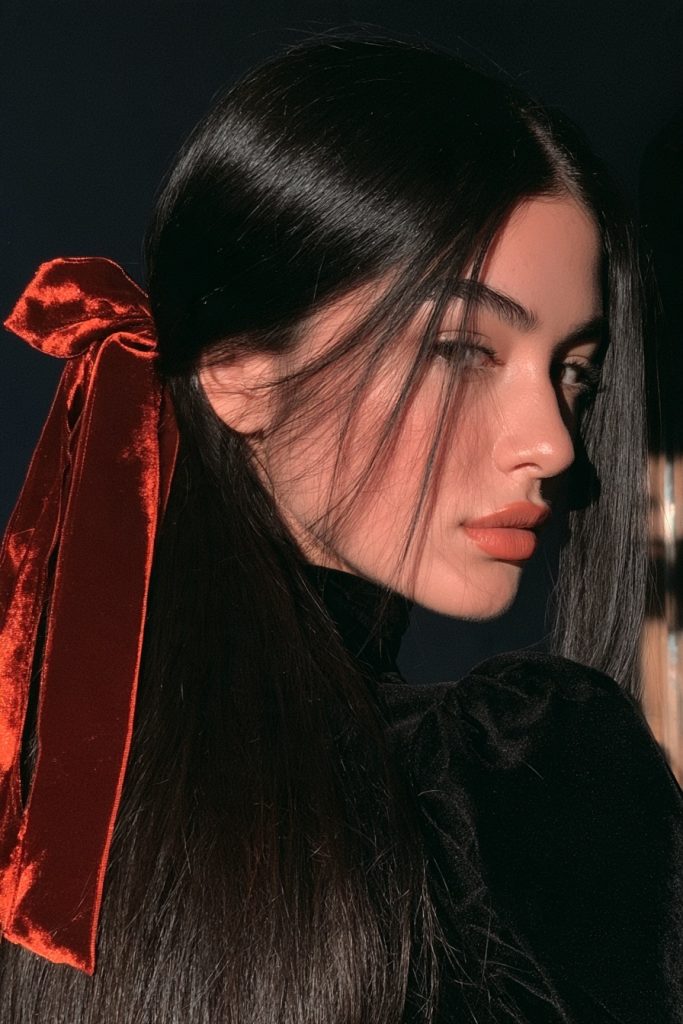 Woman with sleek straight dark hair tied back with a black velvet ribbon