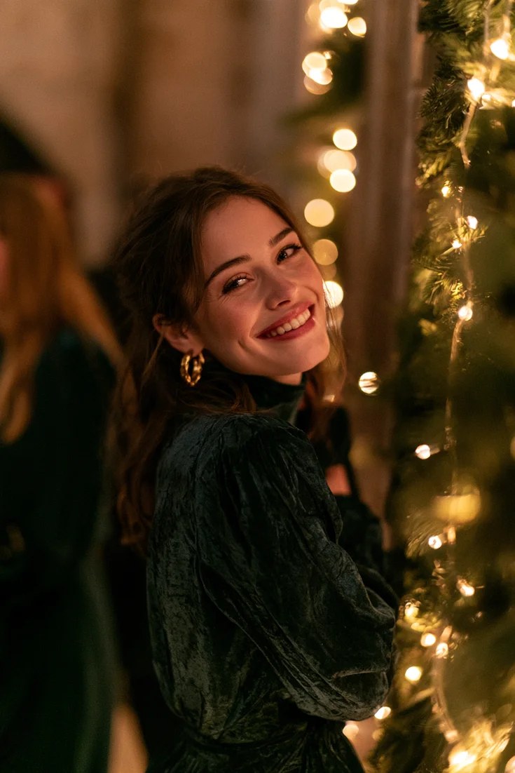 Green velvet dress Christmas photo outfit