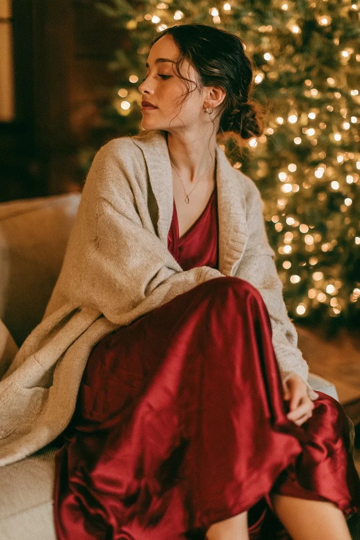 Burgundy satin dress Christmas photo outfit