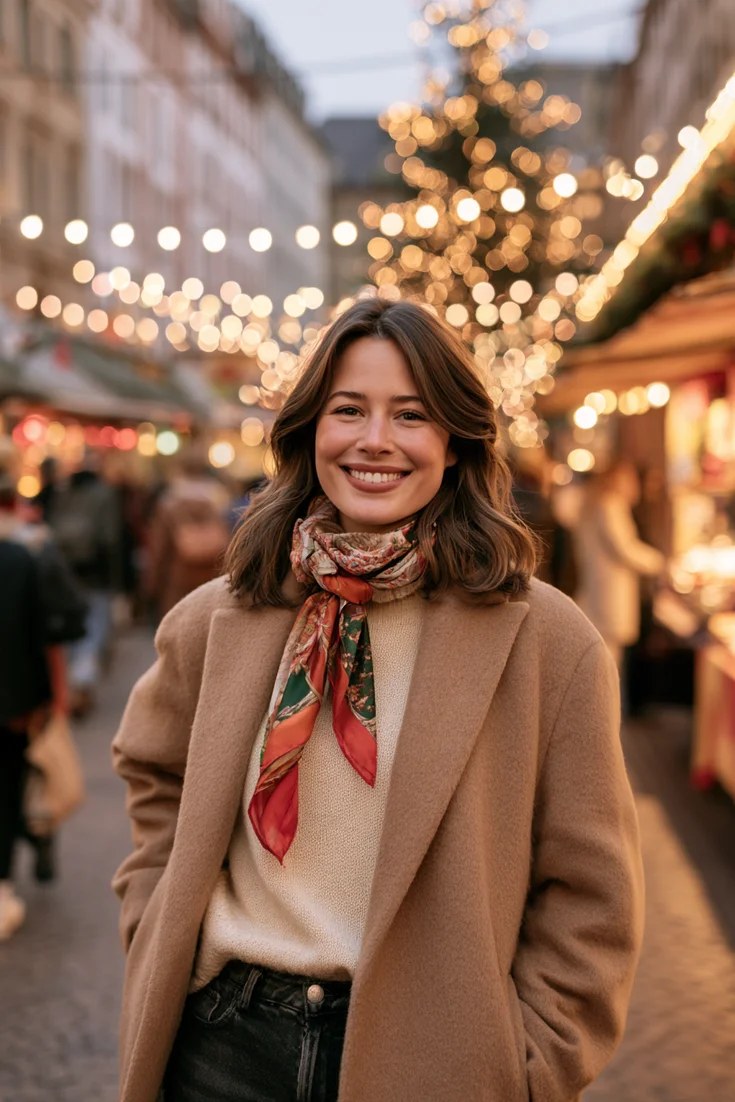 Camel coat Christmas photo outfit